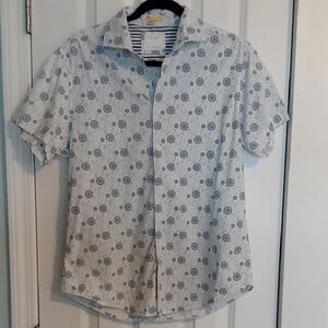 Men's White and Blue Patterned Casual Shirt
